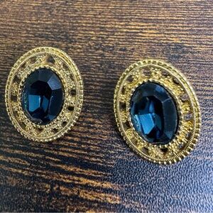1928 Oval Earrings Teal Blue and Gold Tone Victorian Renaissance Revival